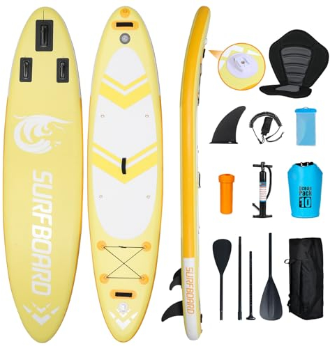 ZealWe Aufblasbares Stand Up Paddling SUP Board Paddleboard Surfboard, 335cm Standup Paddle Aufblasbar Set bis 150kg, Surfbrett für Stand-up, Komplettes Zubehör mit Sitz Alu-Paddel Rucksack Pumpe Gelb