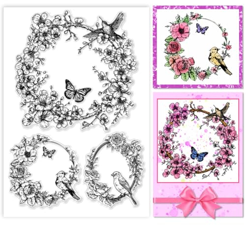 PH PandaHall Blumen Kranz Clear Stamp, Schmetterling Vögel Silikonstempel Transparenter Gummistempel für Paper Crafting Fotoalben, Urlaubskarten, Scrapbooking, Geschenkanhänger