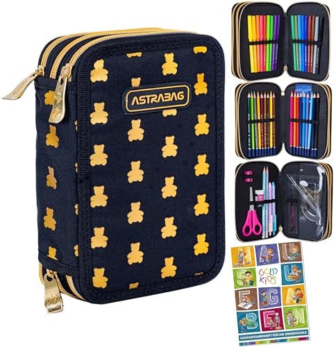 Goldkids - Federmäppchen 3 Fächer - Mäppchen für Mädchen und Jungen - Federmappe 3-Fach Federtasche Gefüllte Schüleretui 46-teilig - Schulmäppchen und Hausaufgabenheft - Teddybär Motiv