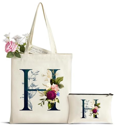 Personalisiert Initialen Tragetasche Canvas mit Innentasche, Kosmetiktasche mit Reißver, Baumwolltasche, Einkaufsbeutel Tote Bag, Geburtstag Weihnachten Geschenk für Frau Freundin Mama Brautjungfer H
