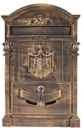 LANGSTON Abschließbarer Briefkasten zur Wandmontage, Sicherheitsbriefkästen mit großem Fassungsvermögen, Retro-Briefkasten aus Metall, 26x9x41cm,Antique Gold