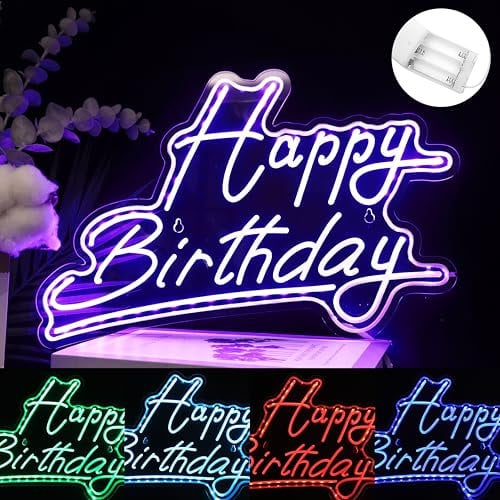 7 Farben Happy Birthday Neon Schild, Batteriebetrieben, USB Powered Neon Lichter für Wanddekoration, Einstellbare Helligkeit Happy Birthday Schild (38 x 24 cm)