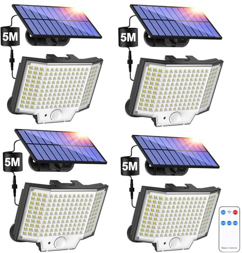 Haokiang Lampe Solaire Extérieur IP65 avec Capteur 270° - 4 Unités, 3 Modes, Détecteur de Mouvement, Projecteur