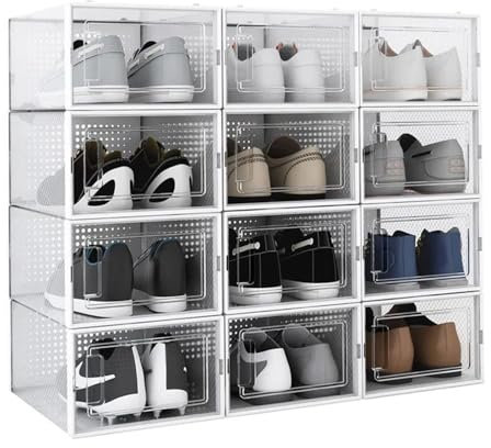 Alex Nash Stackable Shoe Storage Box - Clear Plastic Shoe Boxes with Lid - Foldable Shoe Organiser Containers for Men & Women Shoes, Boots, Trainers - Pack of 12: Medium
