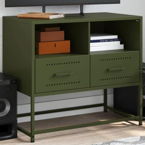 Sufrk Meuble TV vert olive 68 x 39 x 60,5 cm en acier, meuble TV pour TV, meuble TV et tiroir, armoire console buffet moderne