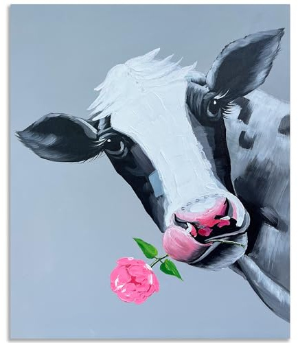 Fokenzary Handbemalte Rosen, Kuh/Stier, Heimdekoration, Gemälde, moderne Pop-Wandkunst, gerahmt, fertig zum Aufhängen