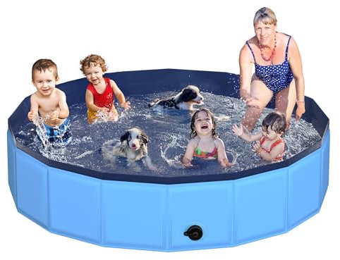 CACSPS 240x30 cm Faltbarer Hundepool – zusammenklappbarer Kinderpool aus Hartplastik für Hunde und Kinder, rutschfeste Haustierbadewanne für den Außeneinsatz im Garten, leicht und tragbar (Blau)