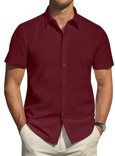 J.VER Mens Short Sleeve Shirt Stretch Summer Dress Shirts Stain Shield Regular Fit Plain Business Casual Smart Button Down Shirt Burgundy M