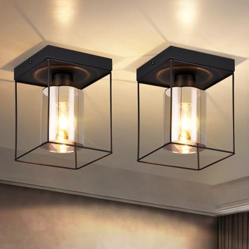 CBJKTX Deckenlampe Flur Deckenleuchte Glas 1 Flammig E27 Vintage | Flurlampe mit Schwarz Metall Decke Industrial Style Retro Schlafzimmerlampe Küche Schlafzimmer Büro 2er Set ohne Leuchtmittel