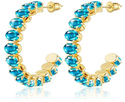 Linawe Aquamarin Blau Ohrringe Gold Creolen Groß, Ohringe Edelstahl Damen Schmuck, Goldene Ohrringe Hängend Ohrhänger, Modeschmuck Vergoldet Ohrschmuck