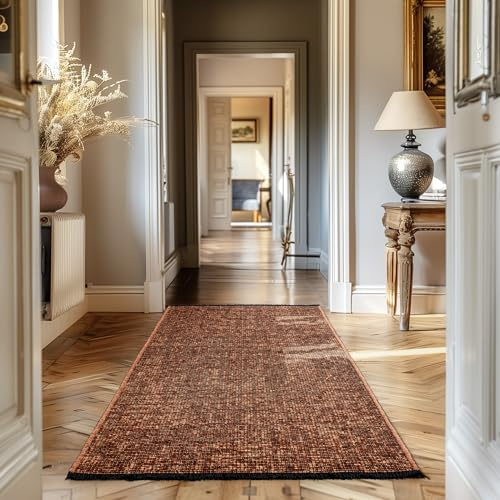 Teppium, Baumwolle Chenille Teppich Läufer Terrakotta 80x150 cm Waschbar, Boho-Stil, Vintage Kelim, Kurzflor, rutschfest & Weich, Einfarbig Meliert, Für Küche, Schlafzimmer & Flur