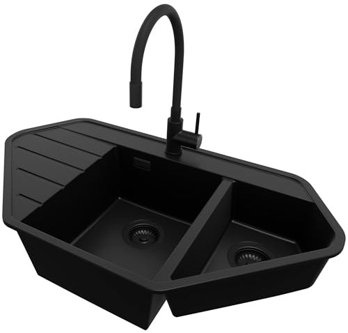 PRIMAGRAN Lavandino Angolare Tutto Nero 90x50cm, Lavello da Cucina a 1,5 vasche + Sifone Classico + Rubinetto 40x13cm, Lavabo da Cucina Incasso al mobile 80cm - Copenhagen Corner