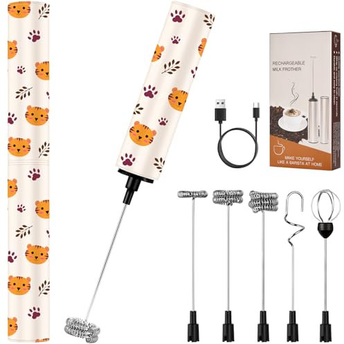 Milchschäumer Elektrisch USB-C mit 5 Wechselbaren Edelstahl-Schneebesen–2 Einstellbare Geschwindigkeiten (11.000/13.000 U/min), Wasserdichter Aufschäumer für Kaffee, Latte, Cappuccino, Matcha(Bunt 3)