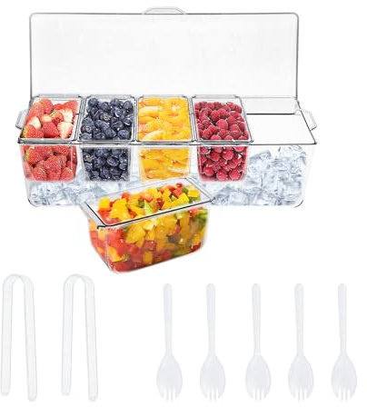 Ice Chilled Condiment Caddy with 5 Containers Transparent Serving Tray Party Platter Reusable Clear Server Tray with Removable Dishes Snack Box for Bar Accessories Fruit Salad Food Pizza Buffet