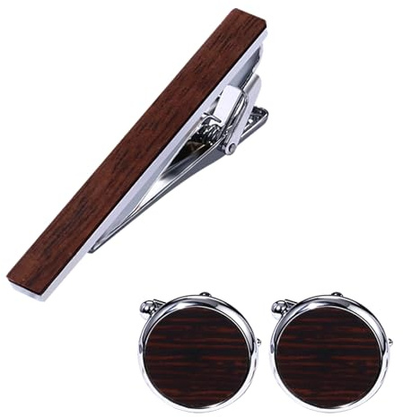 Cupimatch Manschettenknöpfe und Krawattenklammer Set: Vintage 1 Paar Runde Manchettenknoepfe und Krawattennadel Herren Holzschmuck Geschenk für Männer Vater Freund, Dunkelbraun