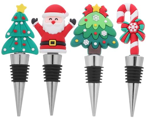 DEARMAMY 4er-set Weinflaschenverschlüsse für Weihnachten – Weihnachtsmann, Großer Weihnachtsbaum, Kleiner Weihnachtsbaum, Zuckerstangen-design – Weinflaschenverschlüsse aus Edelstahl Und Silikon