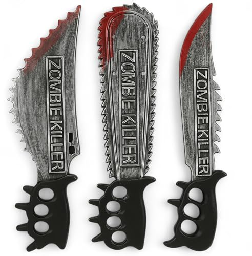 MIJOMA Halloween Requisite für Halloween Kostüm 3er-Set – Zombie Killer Messer & Kettensäge– Leichte Grusel-Accessoires für Halloween Kostüm & Party Deko