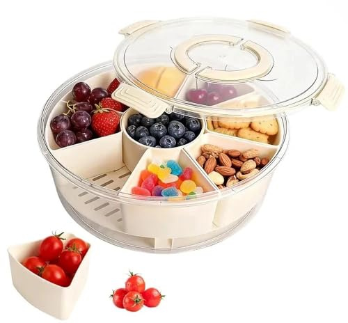 Snack Box with 9 Compartments, Round Snack Tray with Lid, Removable Snackle Box, Divided Serving Tray with Lid and Handle for Fruit Veggie Candy Spice Nut, Great for Parties, Picnics, and Camping