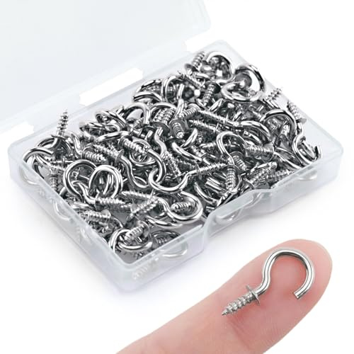 KINGLAKE 100 Pcs 1/2 Inch Small Screw in Hooks, Silver Mini Wall Ceiling Hook for Wood, Under Cupboard, Cabinet Shelf, Hanging Key, Fairy Lamp and Christmas Light