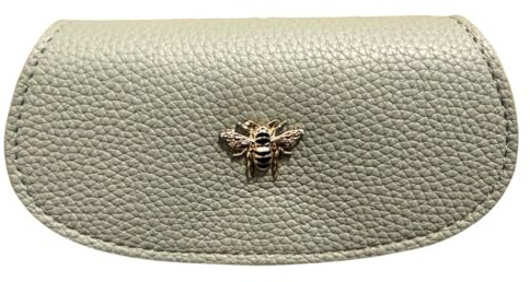Alice Wheeler London Bee Vegan Leather Glasses Case – Soft Padded Interior, Secure Push-Button Closure, Textured Vegan Leather with Monogram & Honeybee Detail – 13.5 x 7.5 cm (Pistachio)