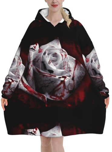 asbwuo Couverture en Molleton, Couverture Pull en Flanelle, Sweat-Shirt à Capuche pour Femme, Roses Blanches et Sang