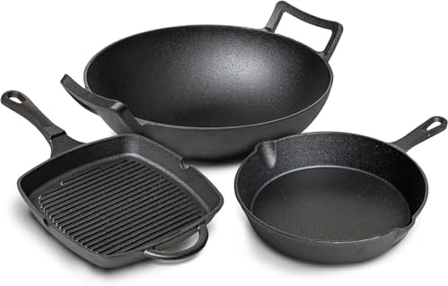 Blackwell Pfannenset aus Gusseisen – Grillpfanne 23 x 23 cm, Bratpfanne Ø 25 cm & Wok Ø 32 cm – 3-teilig – geeignet für alle Herdarten