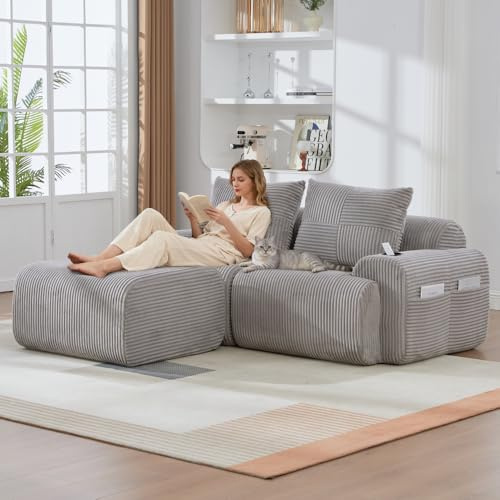 Sapgaks Verwandelbares Ecksofa, modulares Kompaktsofa, 2-6-Sitzer-Sofa, ausgestattet mit Getränkehaltern und seitlichen Staufächern, Keine Montage erforderlich (Hellgrau 2 Sitze-L)