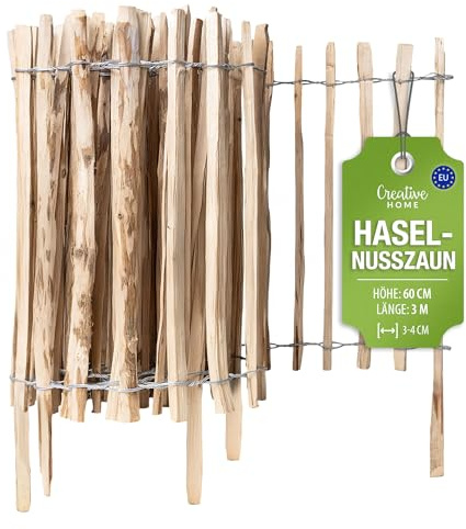 Creative Home Staketenzaun 60cm hoch und 3m lang | Lattenabstand 3-4 cm | Haselnusszaun | Rollzaun | Gartenzaun Holz Holzzaun | Zaun Garten Ideal als Rasenkante Blumenbeet Umrandung aus Haselnuss