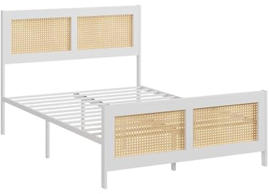 Handwoven Rattan Platform Bed Frame with Headboard， Sturdy Metal Frame & Noise-Free Support， High Weight Capacity Bed Base with Underbed Storage Space for Mattress， Modern Boho Bedroom Furniture