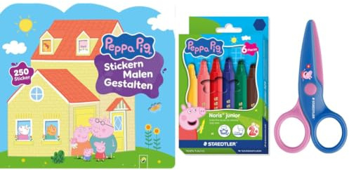 Peppa Pig Buch + Stifte + Schere | Peppa Wutz Set mit Taschenbuch Stickern Malen Gestalten, STAEDTLER Noris junior 6er Fasermaler Etui und Kinderschere für Kinder ab 3 Jahren