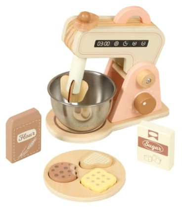 Colcolo Mixeur pour Enfants Jouet Cuisine Simulé Batteur Accessoire Mélangeur avec Acier Inoxydable et Fouet Interne en Bois Portable avec Poignée Convient aux Jeux de Rôle à la Maison Crèche Cadeau