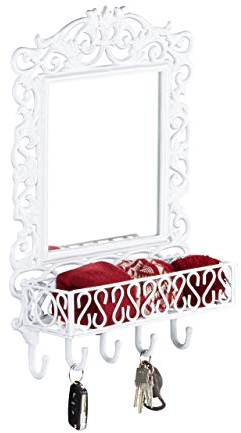 Relaxdays Wandgarderobe mit Spiegel, Gusseisen, 5 Haken, Antiker Landhausstil, HBT: ca. 52 x 34 x 12,5 cm, weiß