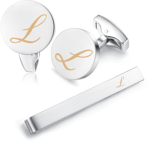 HONEY BEAR Initiale Lettre Alphabet Boutons de Manchette & Pinces à Cravate Set pour Le Cadeau affaires de Mariage de Chemise hommes Argent brossé