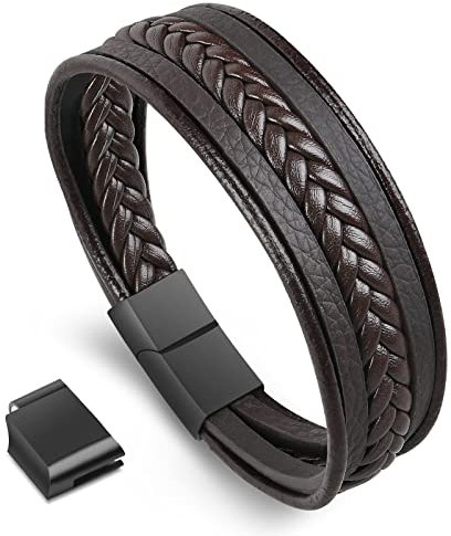 flintronic® Pulsera de Cuero para Hombre, Brazalete Trenzado Cruzada, con Cierre Magnética Acero Inoxidable - Marrón