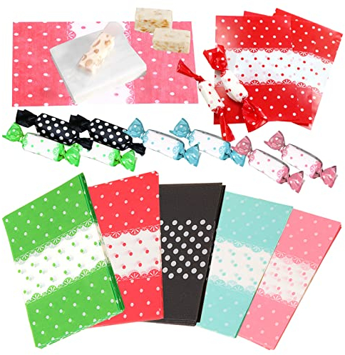 500PCS Papier Bonbons Liuer Papier Sulfurisé Nourriture papiers Emballage de nougat Bonbons au lait Pois Vague Cœur Multicolore pour Buffet Cadeau Biscuit Deco Mariage Fete Anniversaire(12.5×9cm)
