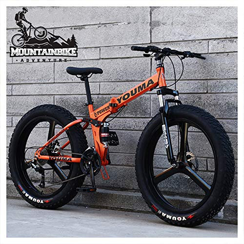 NENGGE Faltbare MTB mit Vollfederung & Scheibenbremsen für Herren Damen, Erwachsenen Jungen Mädchen Fette Reifen Fahrräder Mountainbike, Rahmen aus Kohlenstoffstahl,Orange,26 Inch 7 Speed