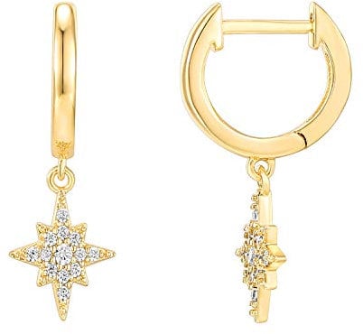 PAVOI 14K Yellow Gold Plated S925 Sterling Silver Post Drop/Dangle Huggie Earrings for Women | Dainty Star Earrings