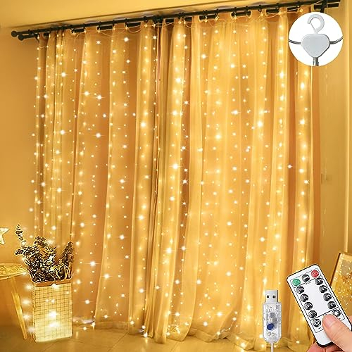 Lichtervorhang 3x3m LED, Lichterketten vorhang mit 8 Modi, 300LEDs, verstellbare Helligkeit, Außen-/Innenbereich, IP65 Wasserdicht Deko für Partydekoration, Weihnachten, Innenbeleuchtung (warmweiß)