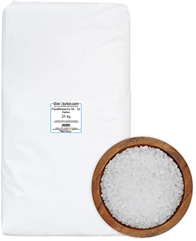DistrEbution Paraffinwachs Pastillen 25kg, 50–52 °C, reines Paraffin, Kerzenwachs für Kerzen gießen & Containerkerzen, Paraffinbad Hände & Füße, Made in Germany