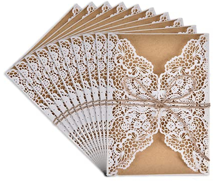 Tarjetas de Invitaciones,Vintage Tarjeta de Invitación de Boda 10 Pack Tarjetas de Boda Corte láser,Blanco Hojas Interiores Papel Kraft,Sobre y Hilo de Yute para Fiesta Cumpleaño Aniversario Navidad