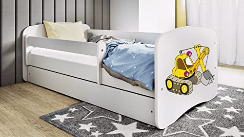 Kinderbett Jugendbett 70x140 80x160 80x180 cm Weiß mit Rausfallschutz Matratze Schublade und Lattenrost Kinderbetten für Mädchen und Junge - Bagger 140 cm