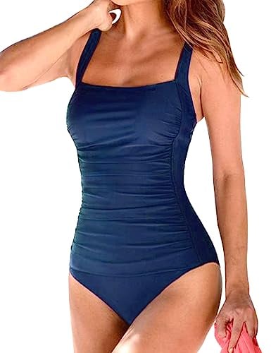 Husmeu Swimming Costume Women's Vintage Padded Push up One Piece Swimsuits Tummy Control Bathing Suits Swimwear Navy Blue L