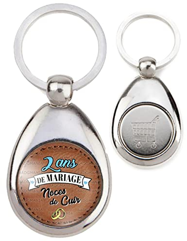 Badgmania Porte Clés Métal Goutte Jeton de Caddie Noces de Cuir 2 ans Anniversaire de mariage