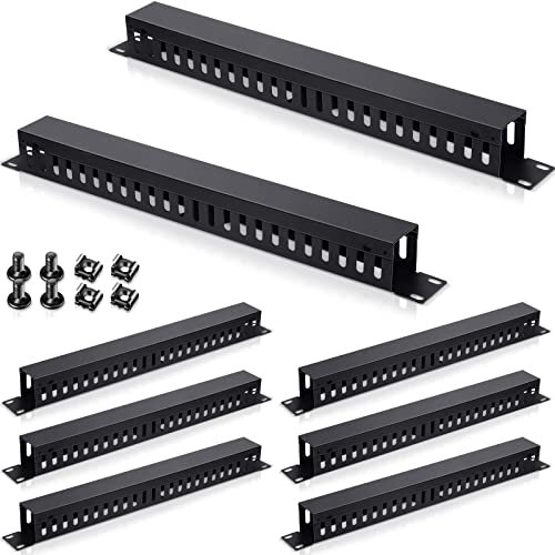 Dunzy 8-Pack 1U 24-Slot Horizontal Rack Mount Cable Rack Server Rack Cable Management Metal Finger Duct with Cover and Screw for Wire Network Wall Cord, Black