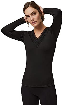 YSABEL MORA - Camiseta térmica Cuello Pico Encaje Manga Larga Negro