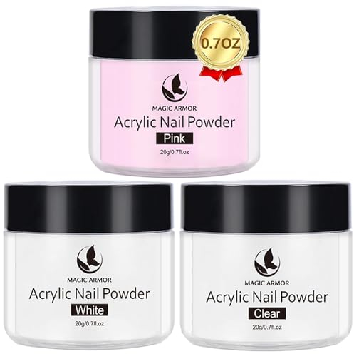 MAGIC ARMOR 3PCS Acrylic Powder Set Klar-Rosa-Weiß 20g, Acrylpulver für Nägel Langsame Aushärtung, Professionelle Acrylpulver und Acryl Liquid für 3D French Nail Manicure Extension DIY Nail Carving