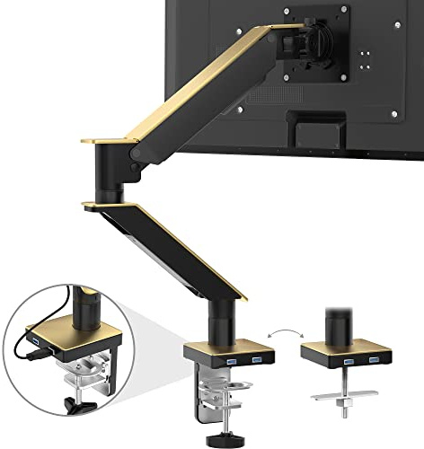 Gold Single Monitor Arm Mount - CTA Gold Monitor Mount for 23 to 35 Monitors - w/Dual USB 3.0 Hub Ports & Arm Clamp for Desks - Gold Color - (ADD-GSMAG)