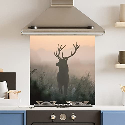 Premium 70 cm x 75 cm Wild Misty Stag Glass 6mm Kitchen Splashback Heat Resistant Toughened Polished Edges - Back Splash Back Coloured Hob Painted Tempered Splashback