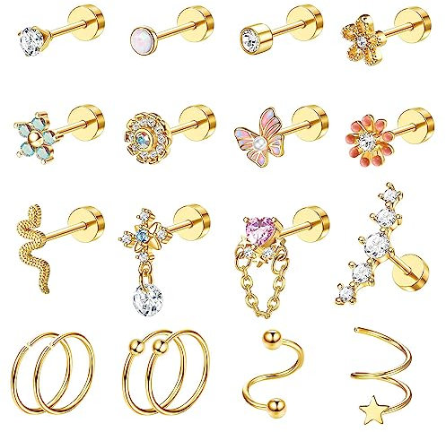 Morfetto 18PCS Cartilage Earring Stud for Women Surgical Steel Flat Back Earrings Cartilage Hoop Piercing Opal Flower Sanke Conch Tragus Helix Piercing Jewelry Gold