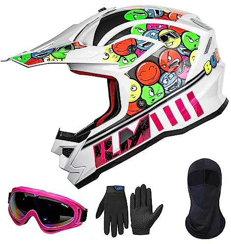 ILM Motorradhelm Kinder Motocross Kinderfahrradreithelm mit Brillen Maske Handschuhe Junge Und Mädchen ECE Model Z705,Bubblegum,L